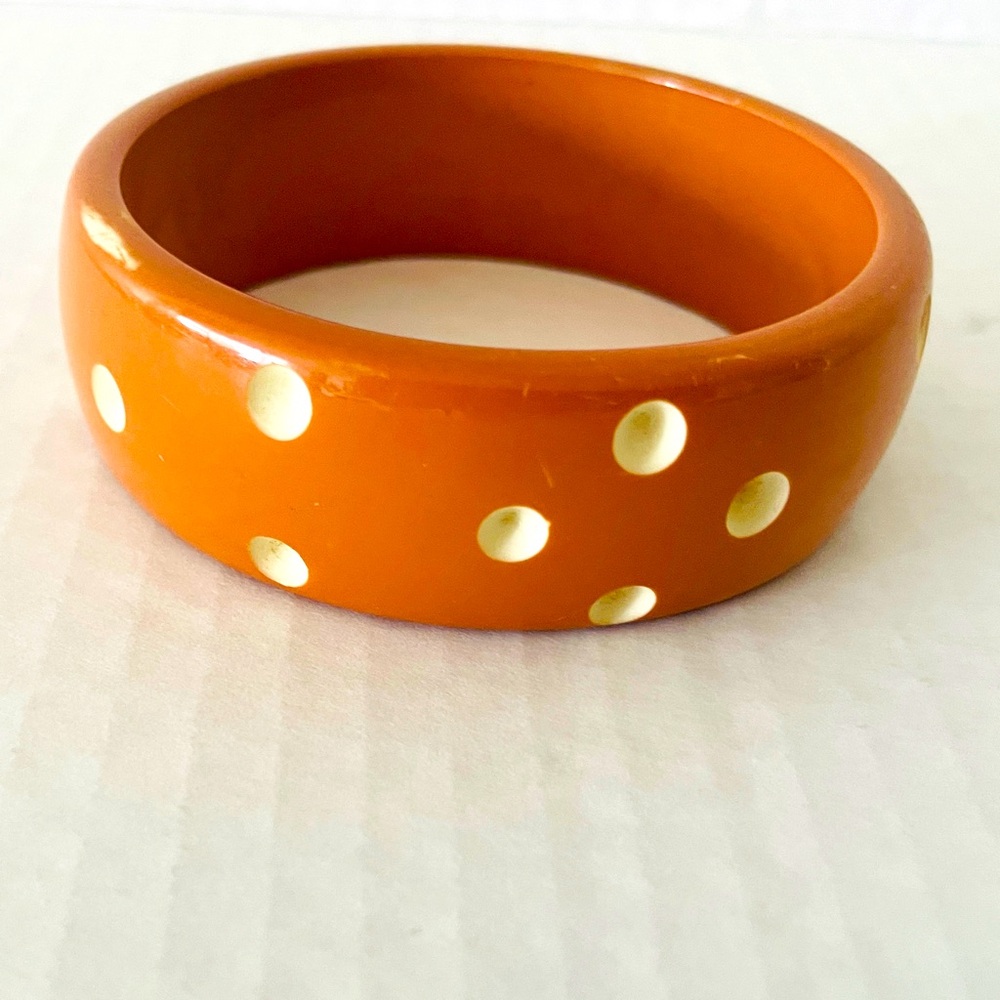 Vintage Bakelite Bangle Dot Bracelet Carmel With White Dots